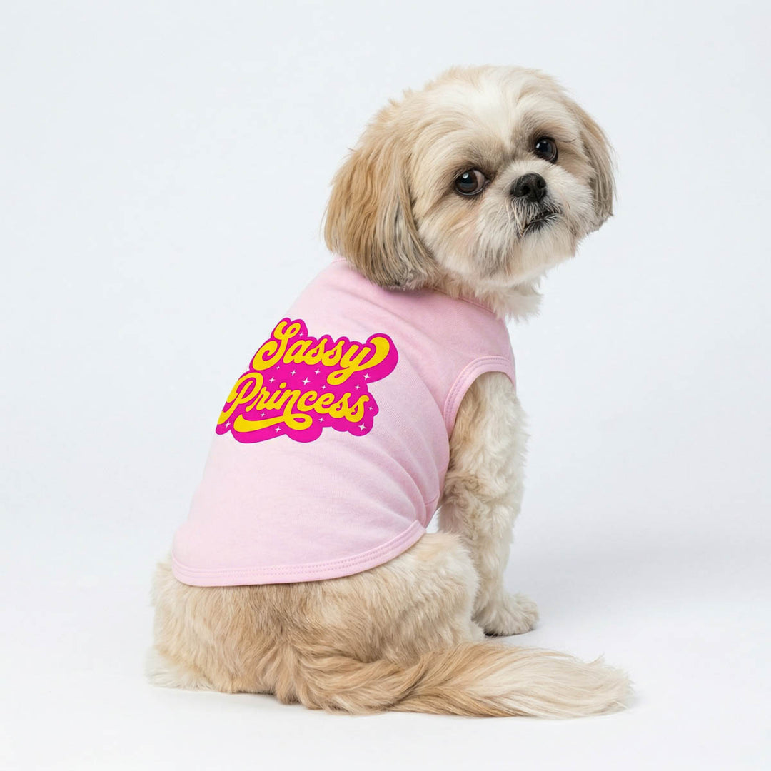 Shih tzu looks back with a pink shirt for dogs with 'Sassy Princess' lettering