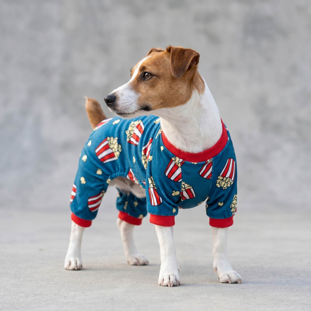 Jack Russell standing outdoors with a funny popcorn dog onesie