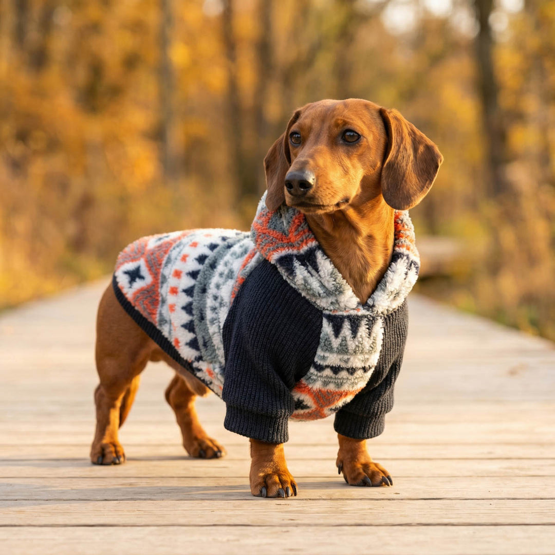 Dachshund wearing a colorful dog hoodie standing on a wooden path with autumn trees in the background