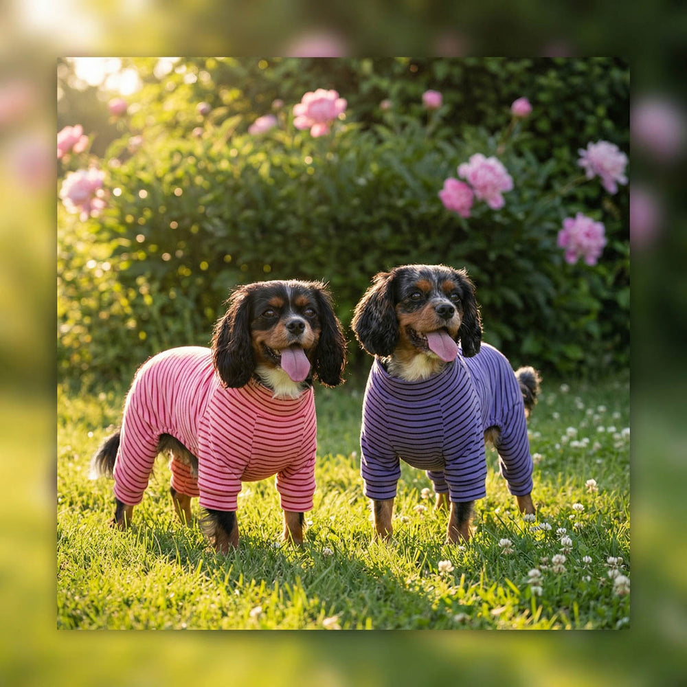 Two dogs wearing classic striped dog pjs standing in a garden