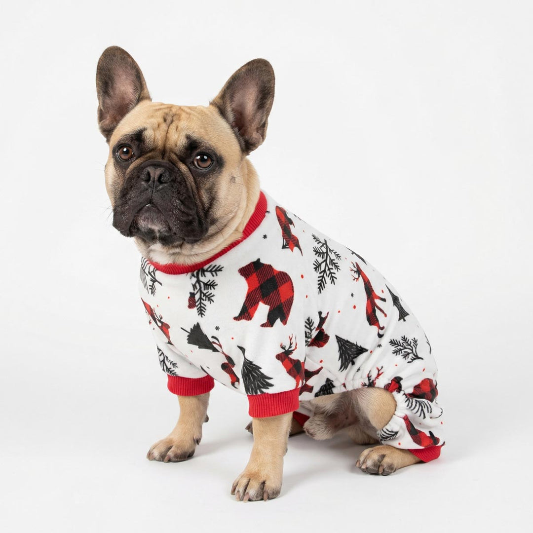 French Bulldog wearing a dog Christmas onesie with Christmas plaid patterns on a white background