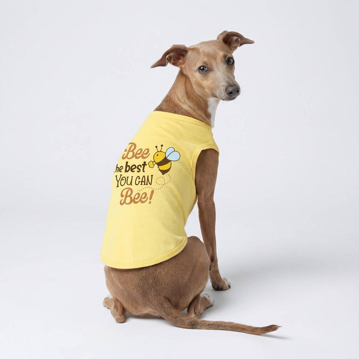 Dog wearing a yellow dog tank top with encouraging bee-themed text and graphics on a white background