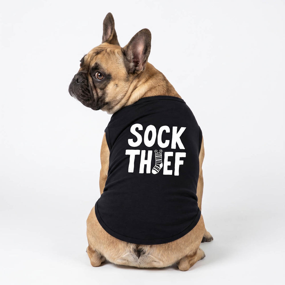 Back view of dog tank top in 'Sock Thief' lettering
