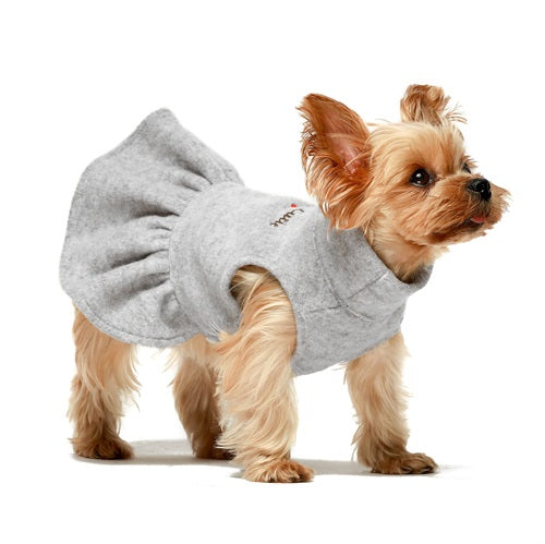 Gray 'Cutie' dog sweater dress for small breeds, featuring a high collar and flared skirt. Fitwarm apparel.