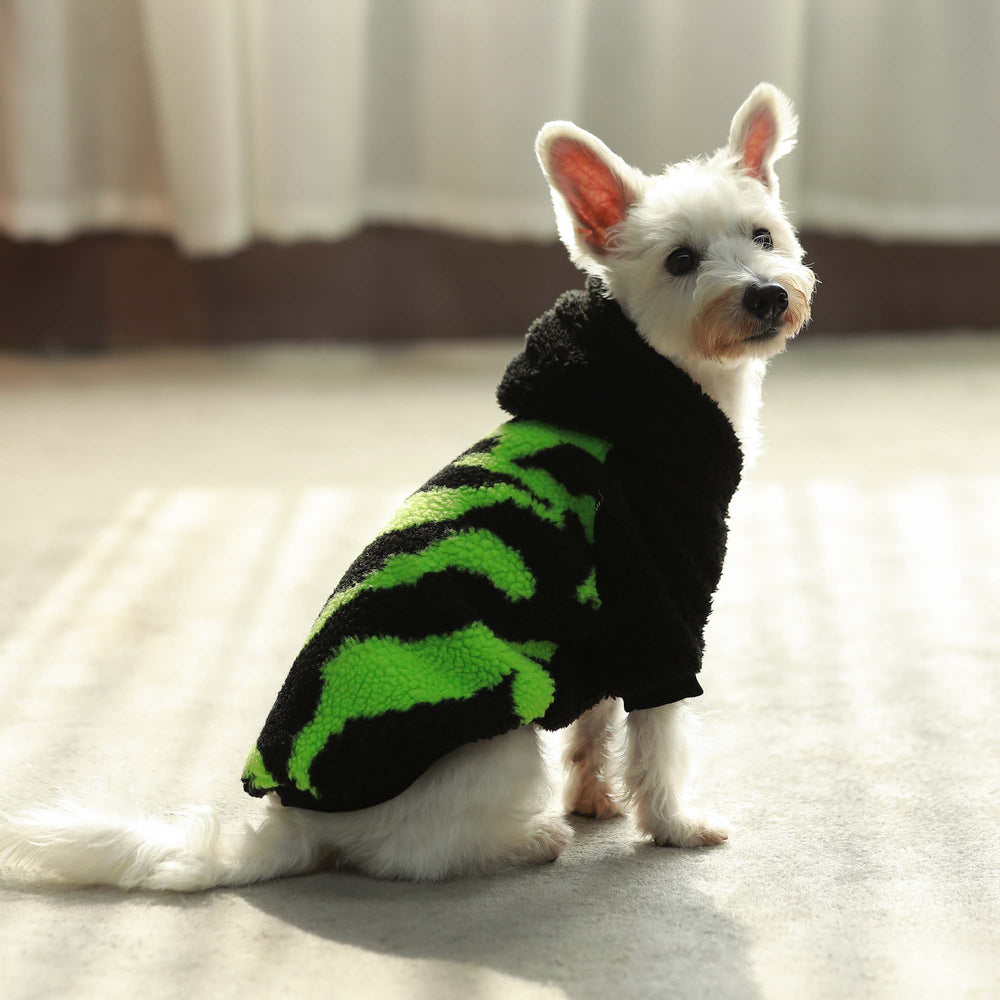 Black and Green Striped Sherpa Fleece Dog Hoodie - Stylish and warm apparel for dogs