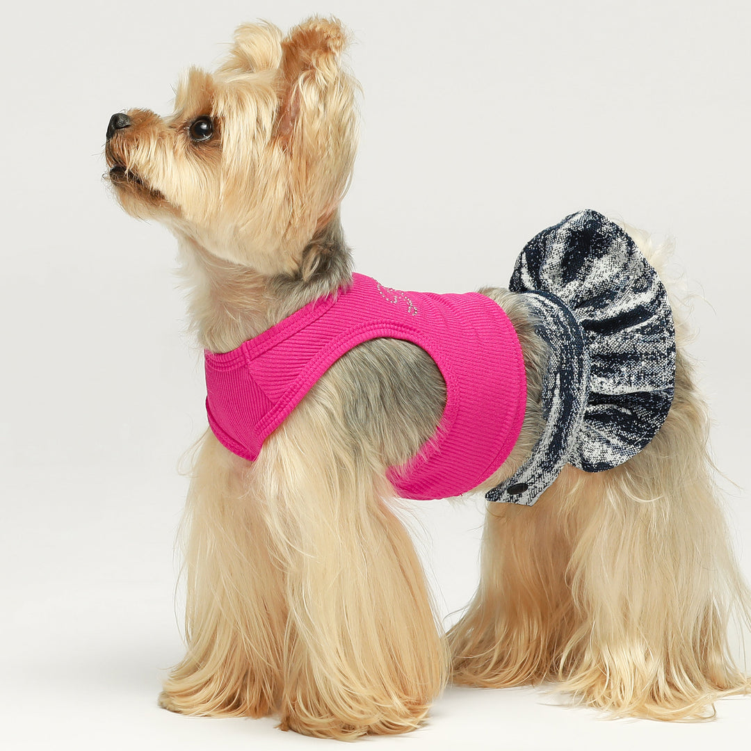 "LOVE" Pink Striped Crop Top and Denim Skirt Dog Dress Set pet clothes