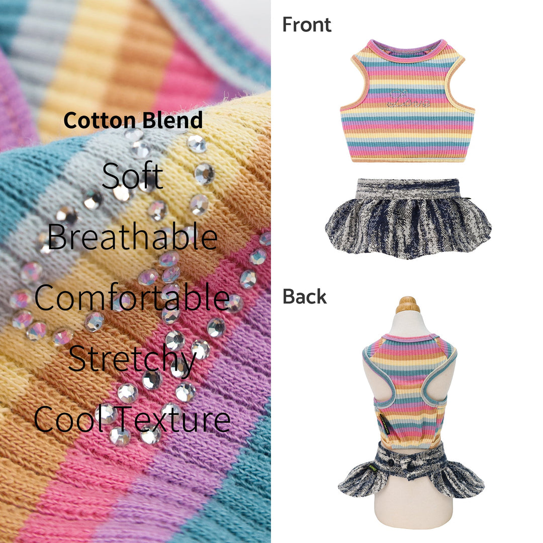 "LOVE" Pink Striped Crop Top and Denim Skirt Dog Dress Set Pet clothing