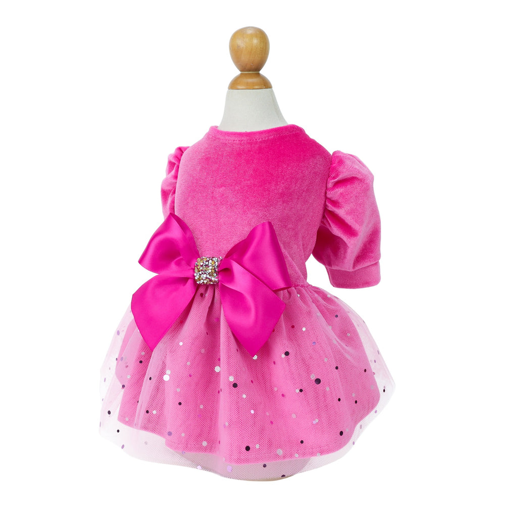 Pink dog dress with velvet bodice, bowknot, tulle skirt, and crystal detail, perfect for dog parties